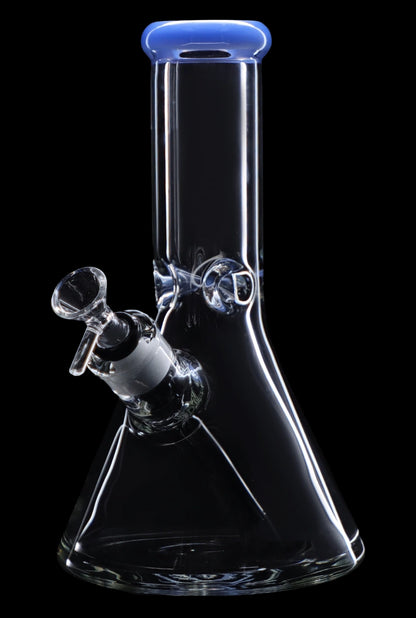 Clear glass bong with blue accents, featuring a downstem and bowl.
