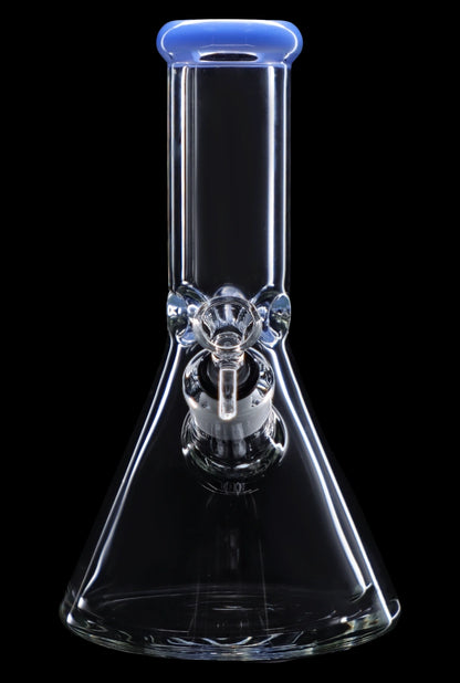 Clear glass bong with blue accents, isolated on black.
