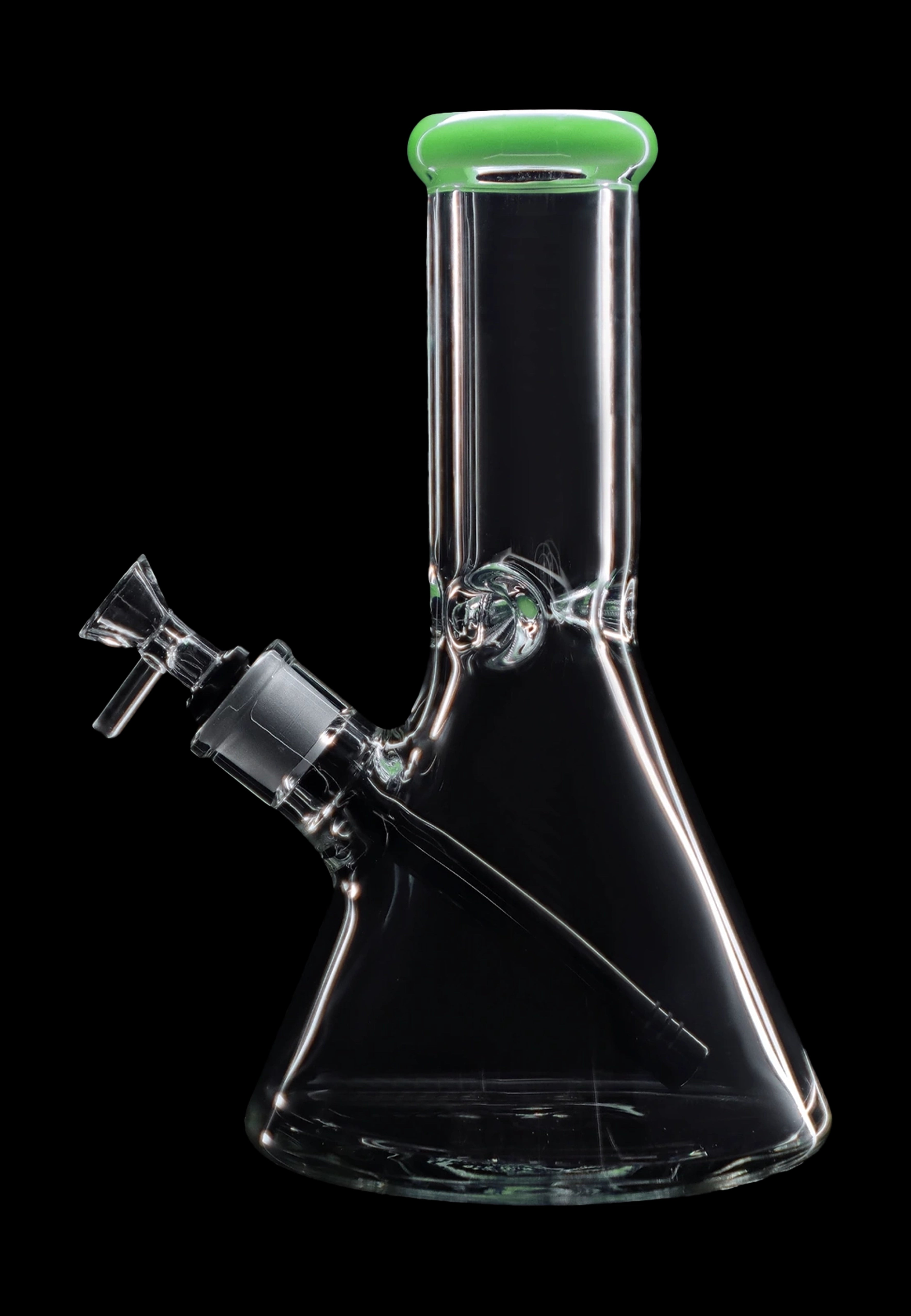 Clear glass bong with green accents, isolated on a black background.
