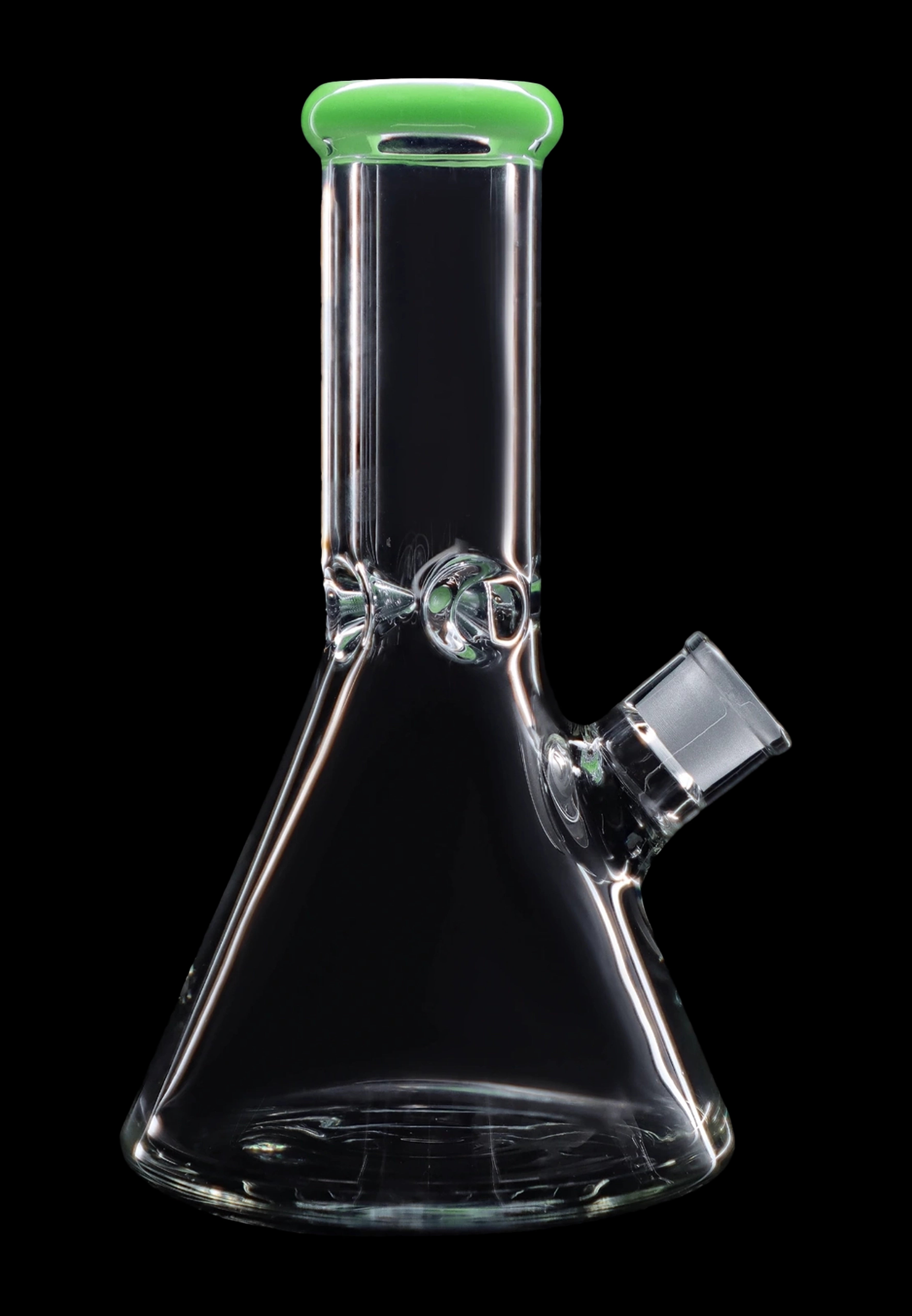 Clear glass bong with green accents against a black background.