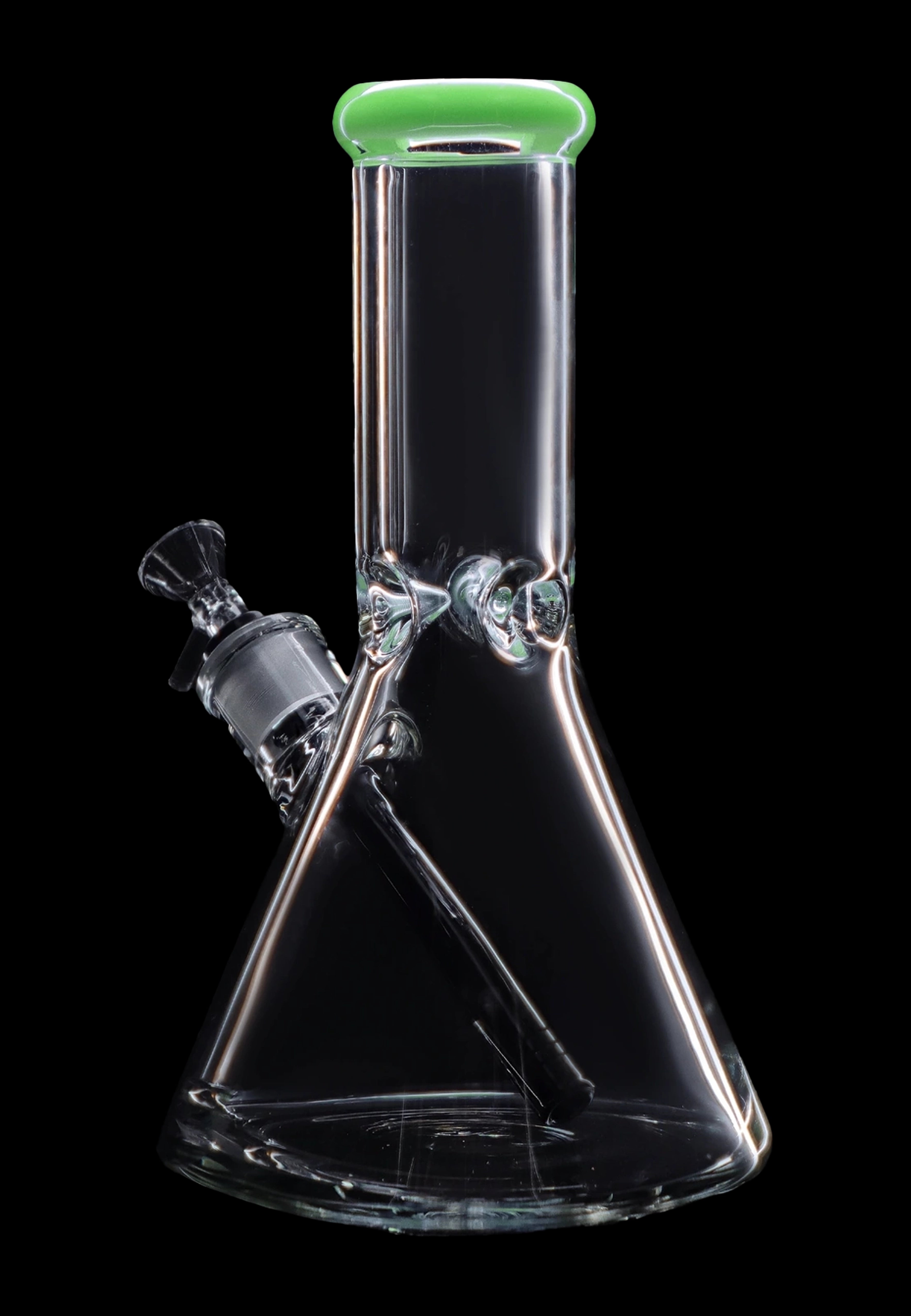Clear glass bong with green accents against a black background.