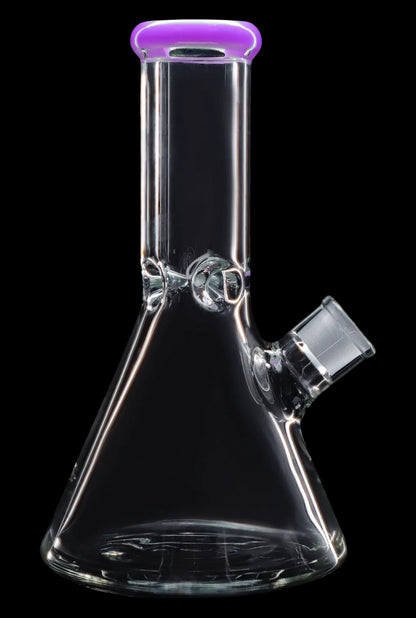 Clear glass bong with a purple rim, illuminated against a black background.