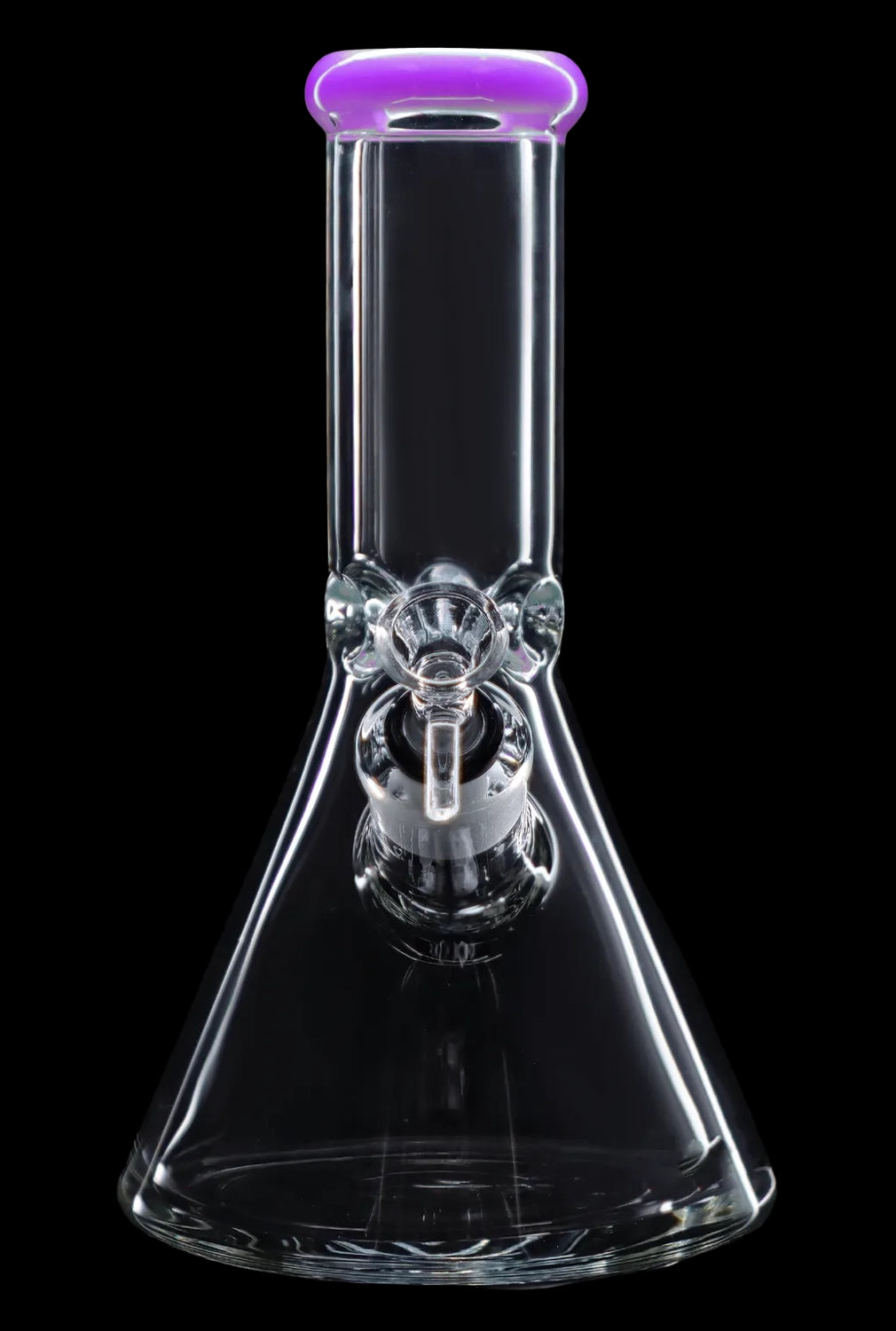 Clear glass bong with a purple rim and ice catcher, isolated on black.