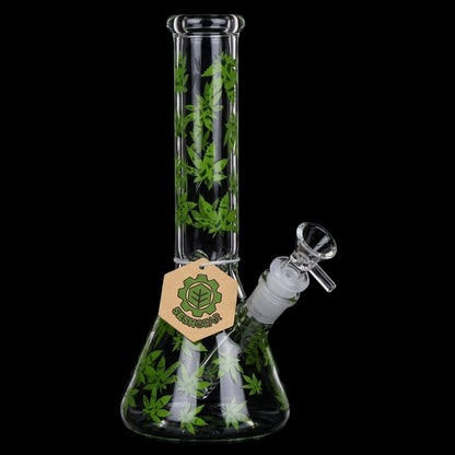 SeshGear Green Leaf Beaker Glass Bong - 9.75" / 14mm F