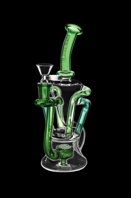 Green glass water pipe (rig) with intricate branching percolators, isolated on a black background.