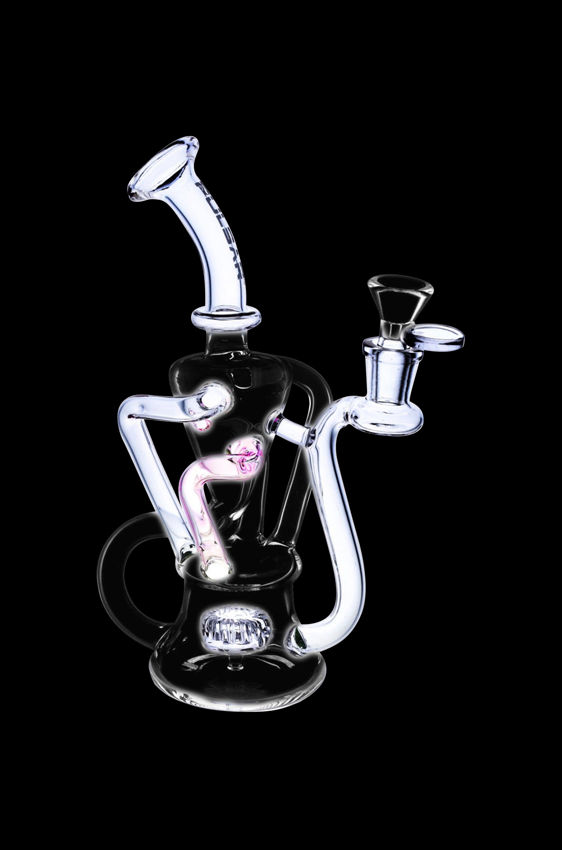 Clear glass water pipe (rig) with pink accents, isolated on a black background.