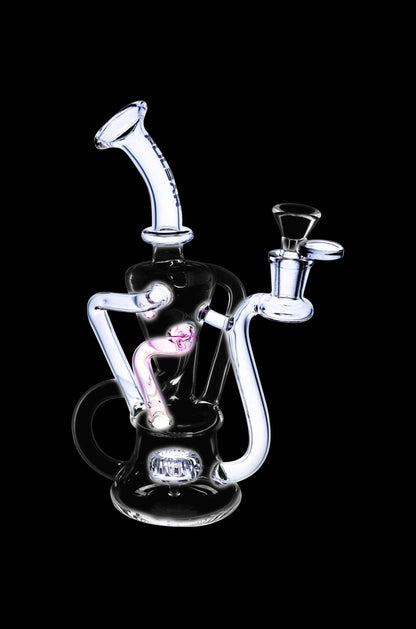 Clear glass water pipe (rig) with pink accents, isolated on a black background.