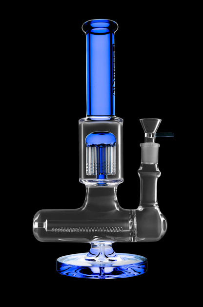 Blue glass water pipe (bong) with intricate percolator filtration system.