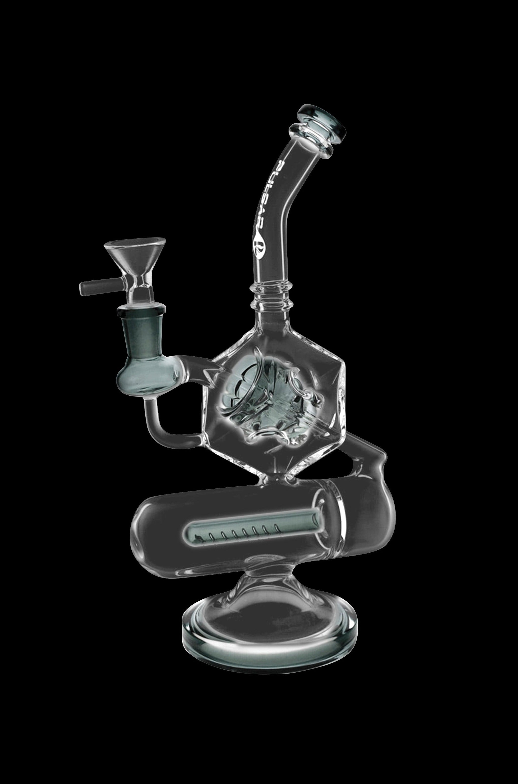 Clear glass water pipe (rig) with intricate hexagonal percolator chamber.