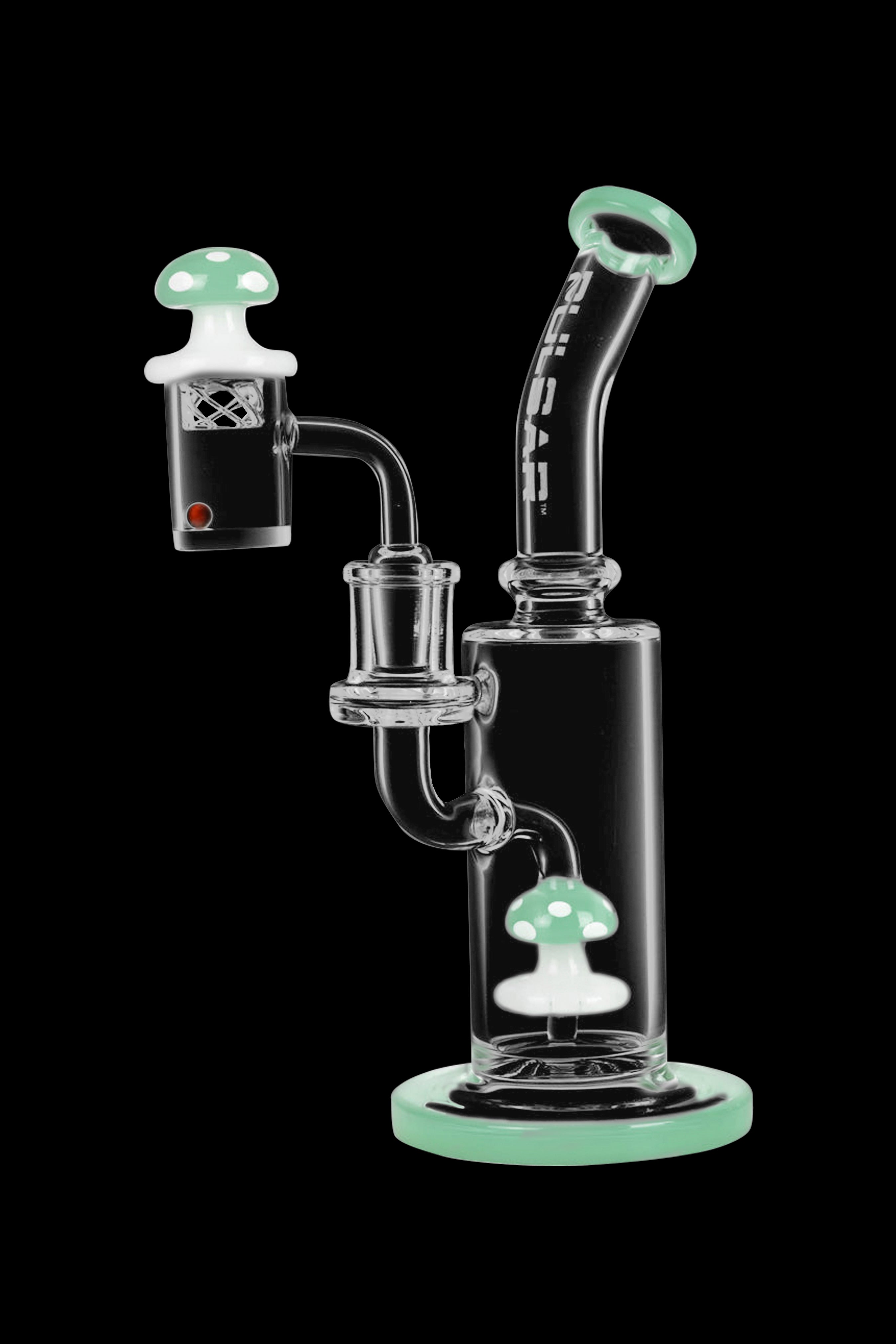 A clear glass water pipe (rig) with mushroom-shaped accents and components, isolated on a black background.