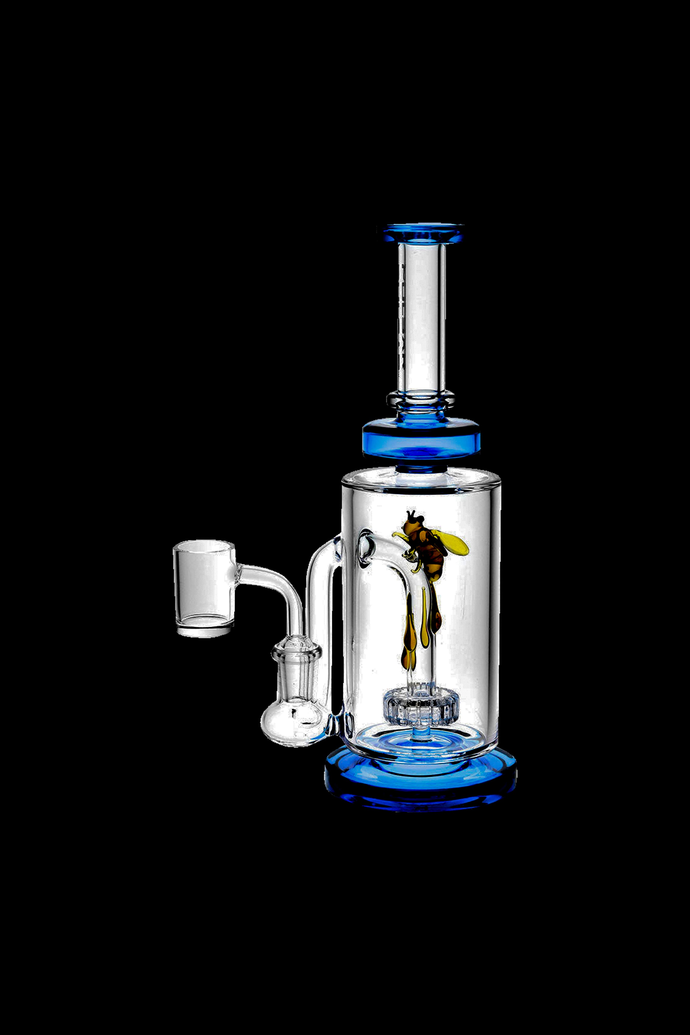 Blue glass water pipe (rig) with a bee-shaped percolator and a quartz banger.