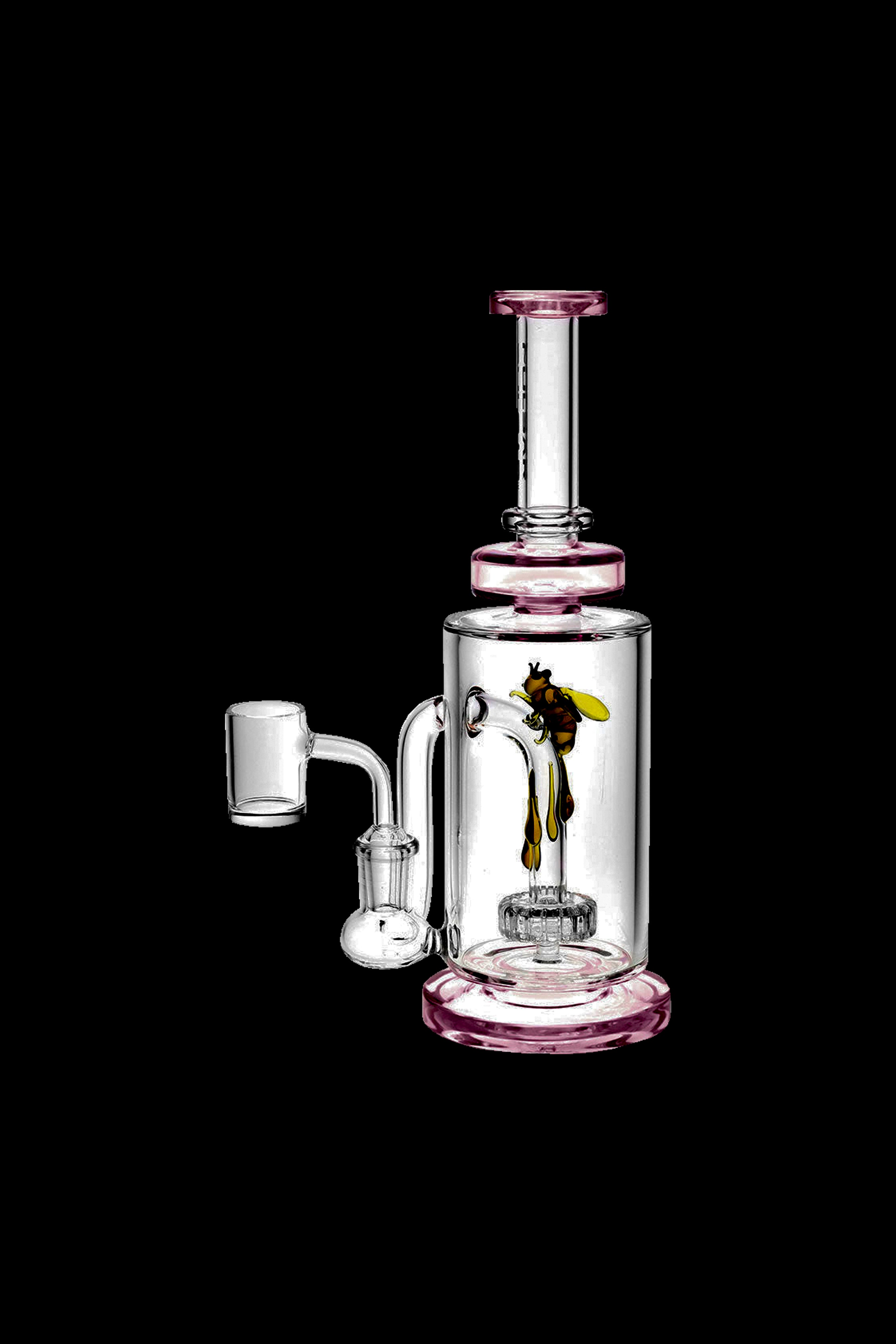Pink glass rig with a sculpted bee inside, featuring a quartz banger and bubbler attachment.