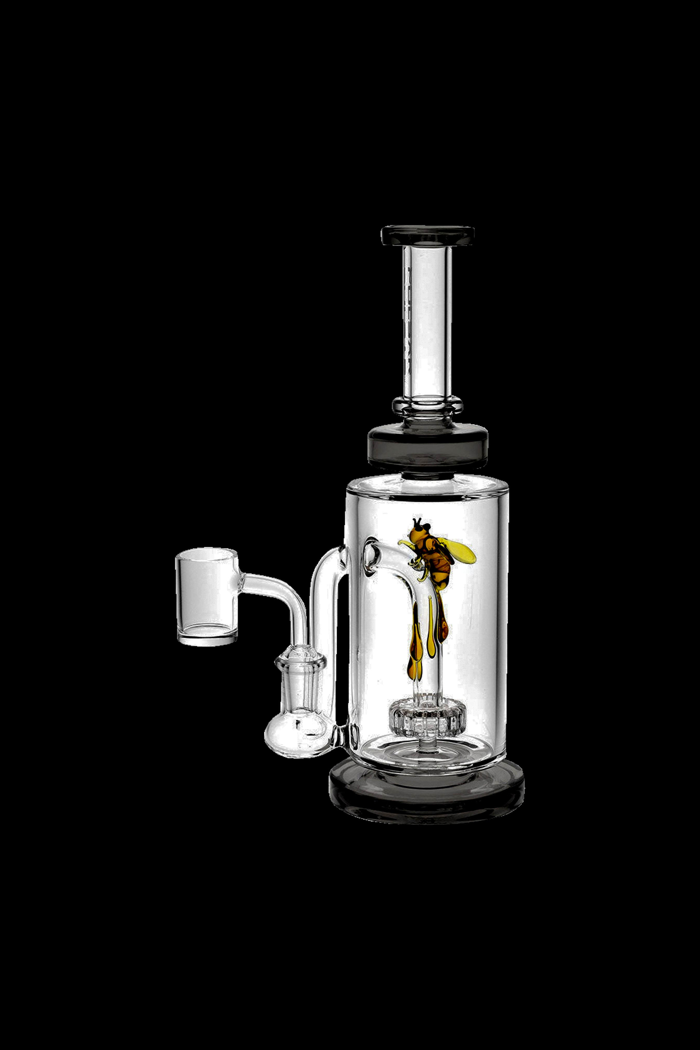 Glass dab rig with a bee-shaped percolator and included quartz banger.