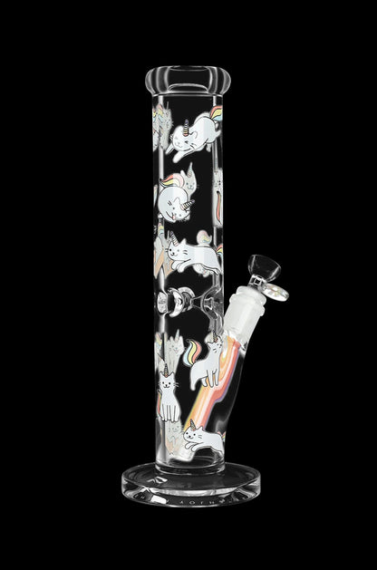 Glass bong decorated with cartoon cats, featuring a clear bowl and visible liquid inside, against a black background.