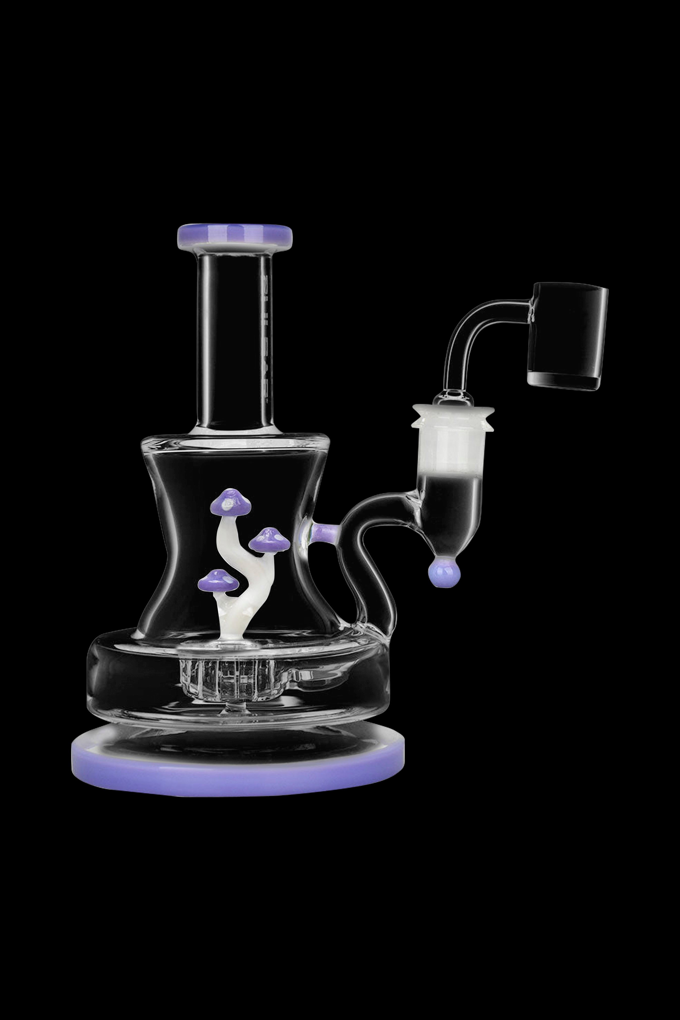 Glass dab rig with mushroom-shaped percolators, featuring a quartz banger and lavender-colored accents, against a black background.