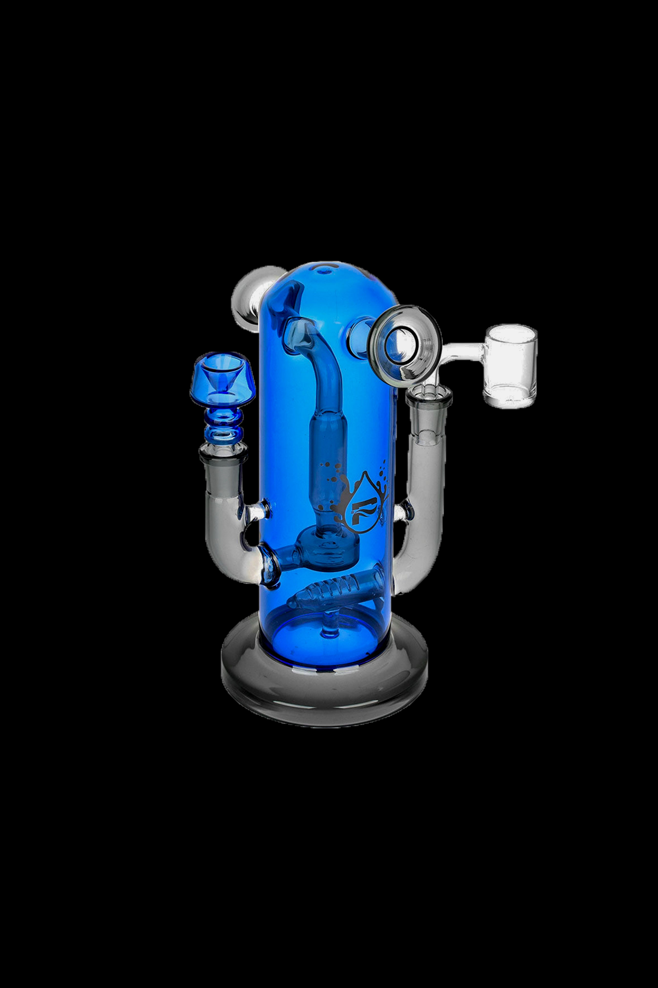 Blue glass water pipe (rig) with multiple chambers and a quartz banger.
