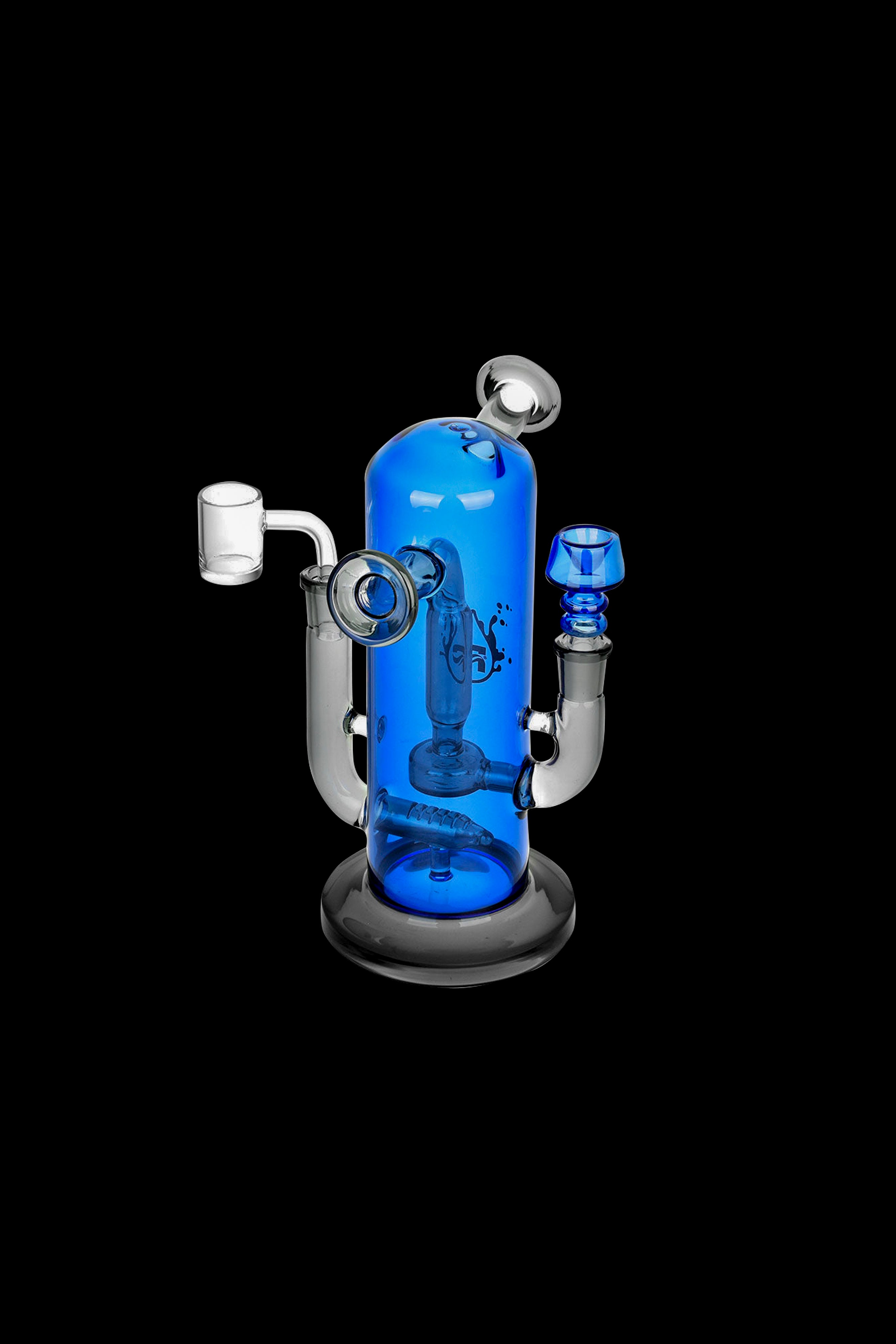 Blue glass dab rig with percolator and accessories, isolated on a black background.