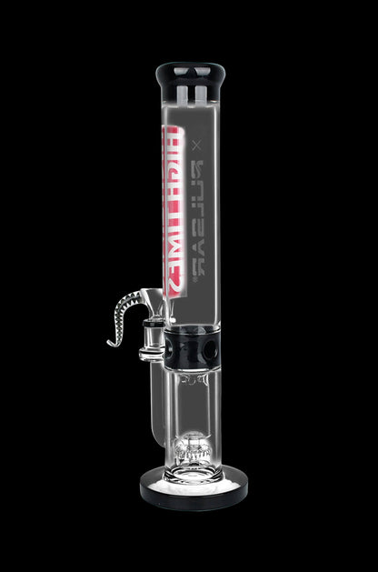 Clear glass bong with intricate percolators and branded lettering, isolated on a black background.