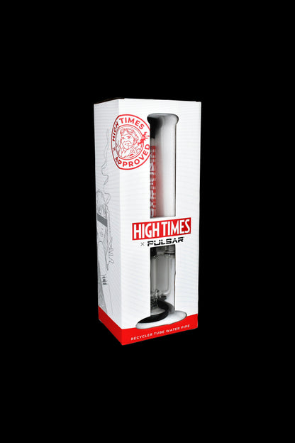 A boxed glass water pipe with a red mouthpiece, branded “High Times x Pulsar” and labeled “Recycler Tube Water Pipe.”