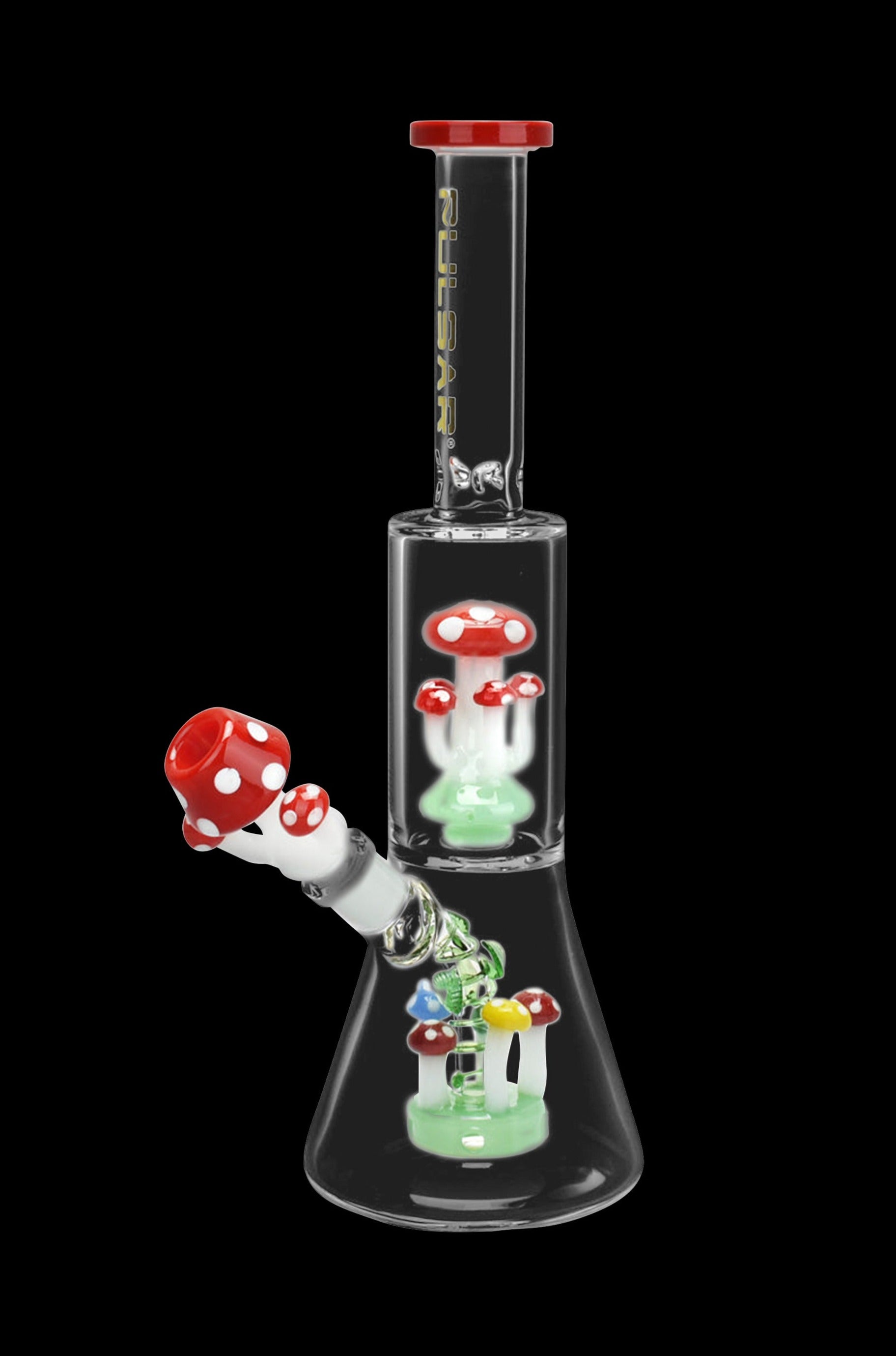 A glass water pipe (bong) with a mushroom-themed design, featuring red and white spotted mushrooms within the glass chamber and on the mouthpiece.
