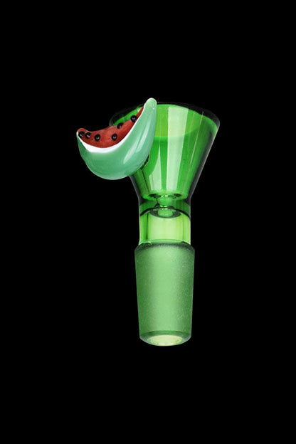 Green glass cannabis bowl with a sculpted watermelon slice detail.