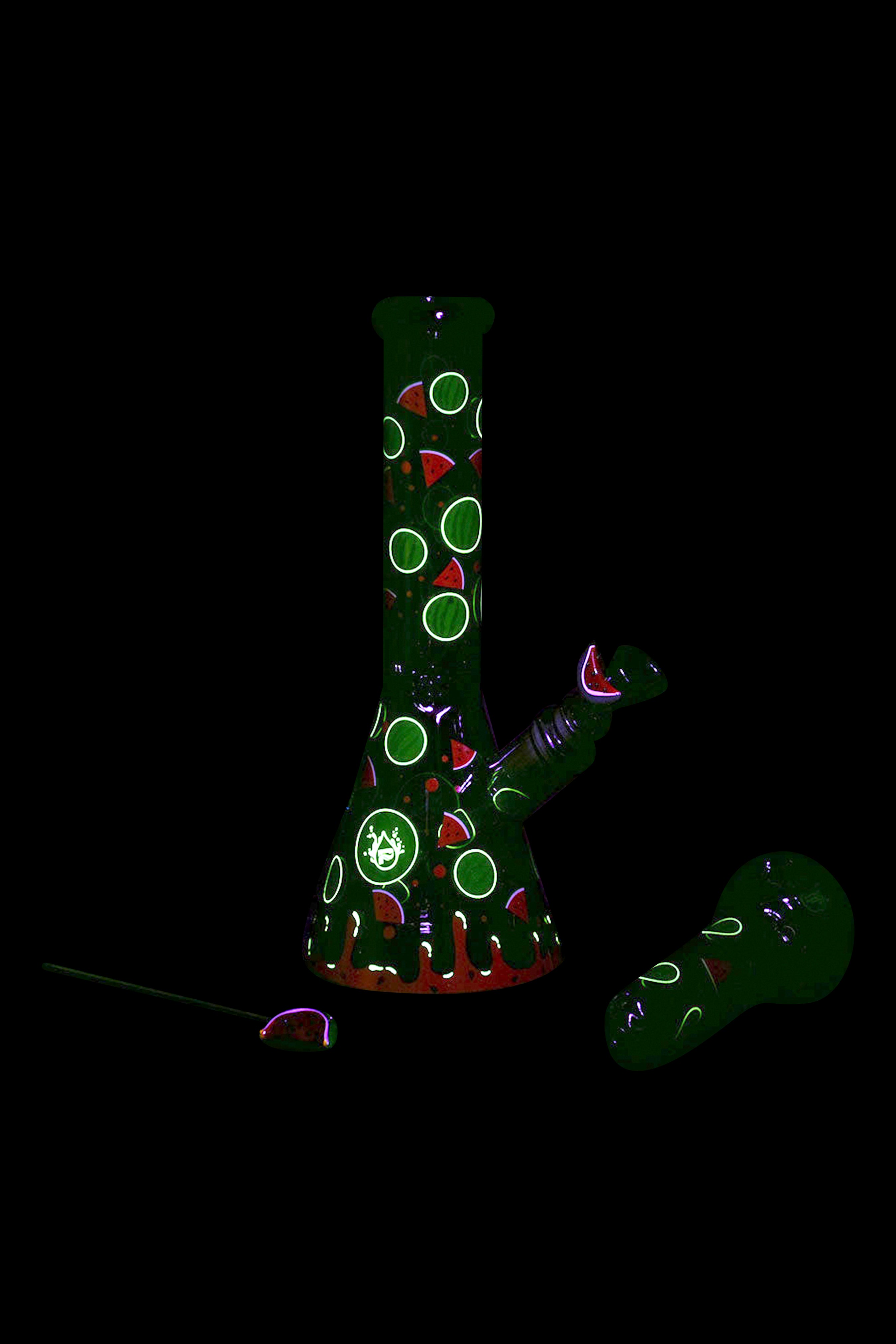 Green glass bong with watermelon pattern, isolated on black.