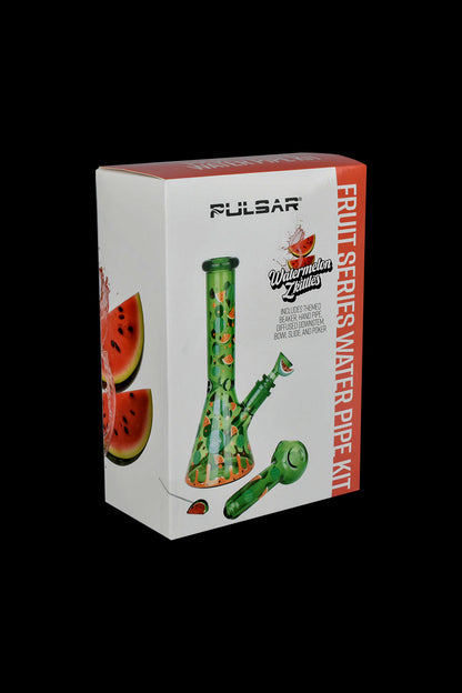 Boxed cannabis water pipe kit with a watermelon theme, featuring a glass beaker-style pipe and accessories. 