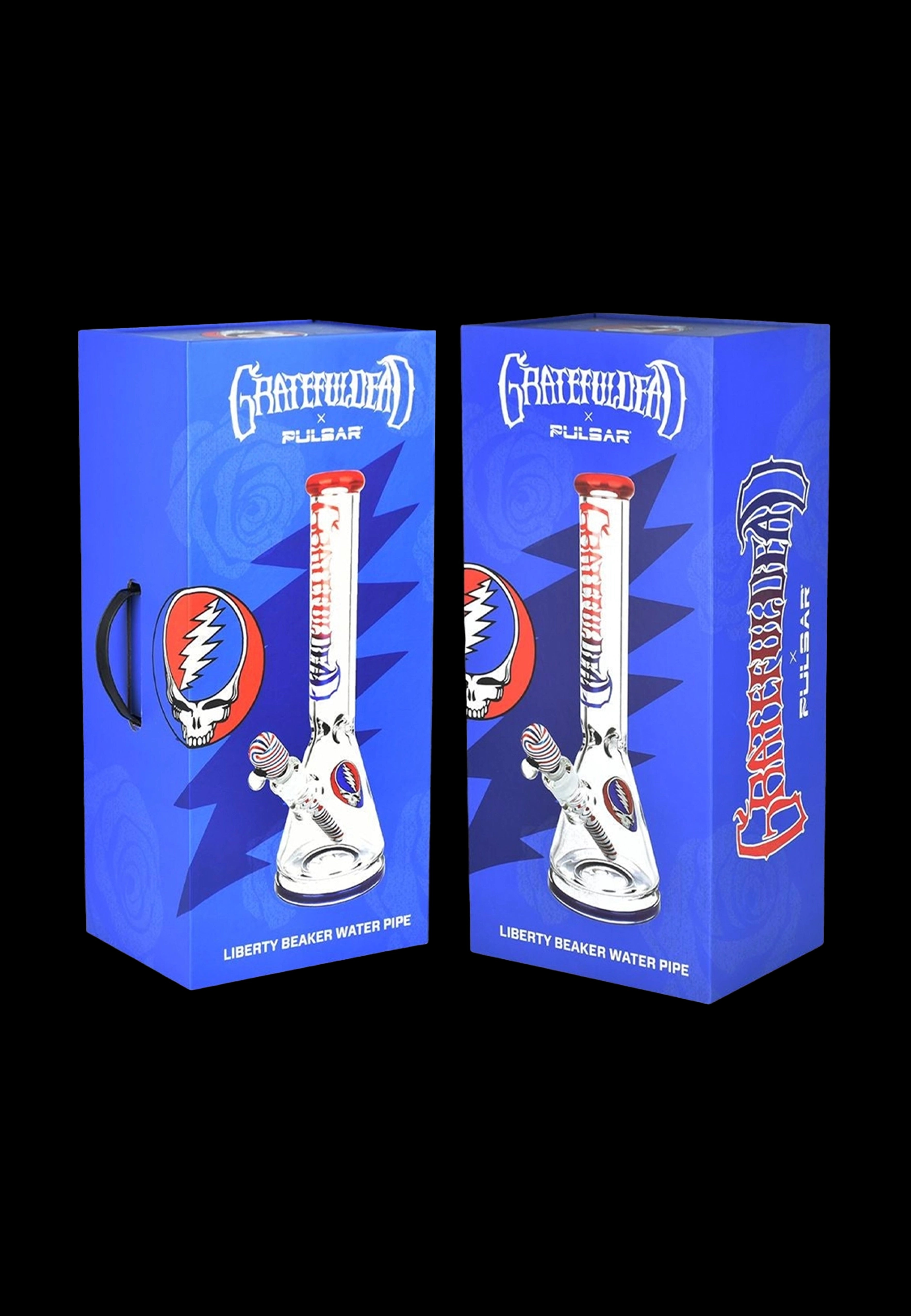 Two boxes displaying a Grateful Dead-themed water pipe, labeled "Liberty Beaker Water Pipe," against a black background.