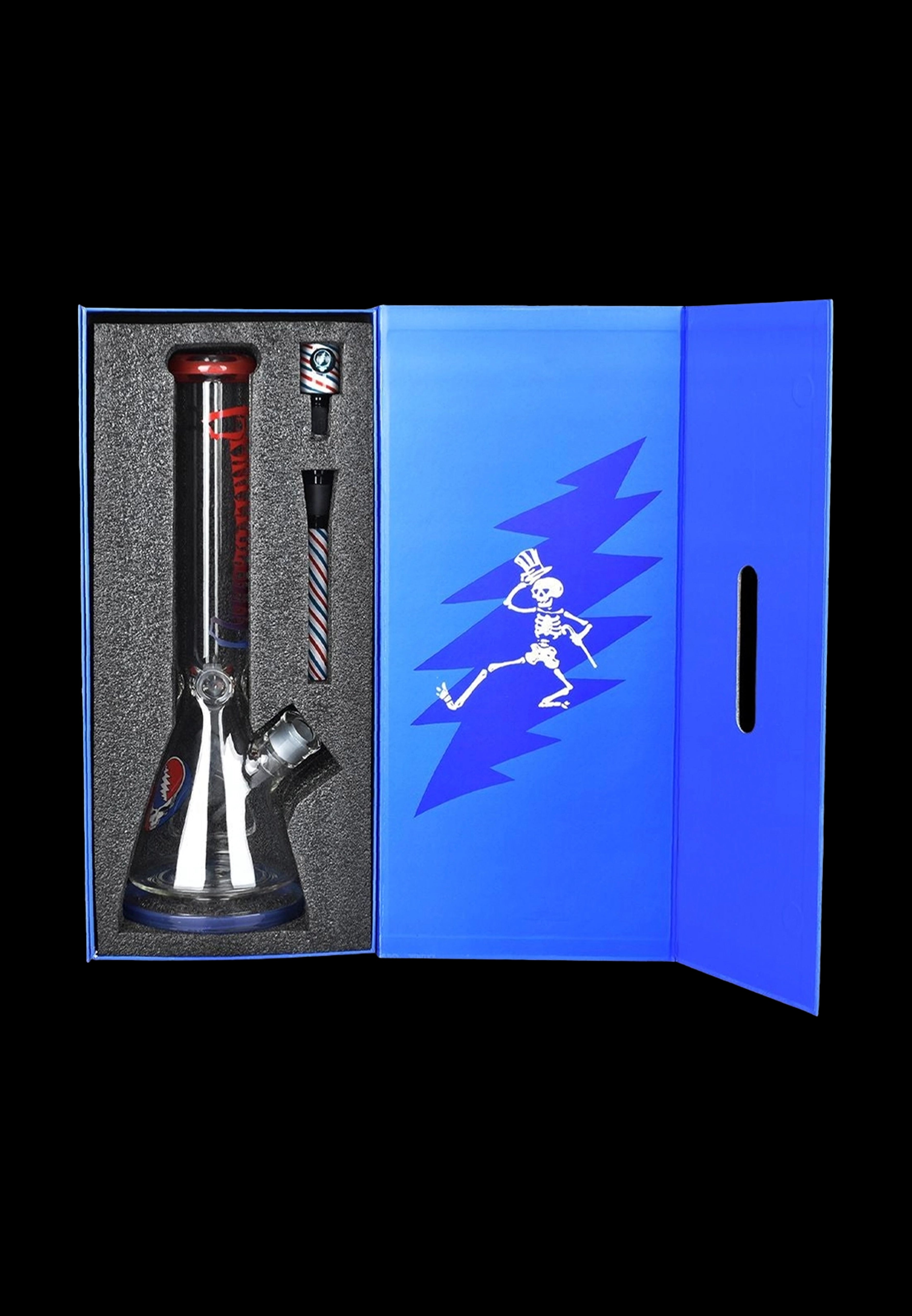 A glass water pipe (bong) with red accents inside a black display case, next to a blue box featuring a dancing skeleton graphic, likely related to cannabis use.