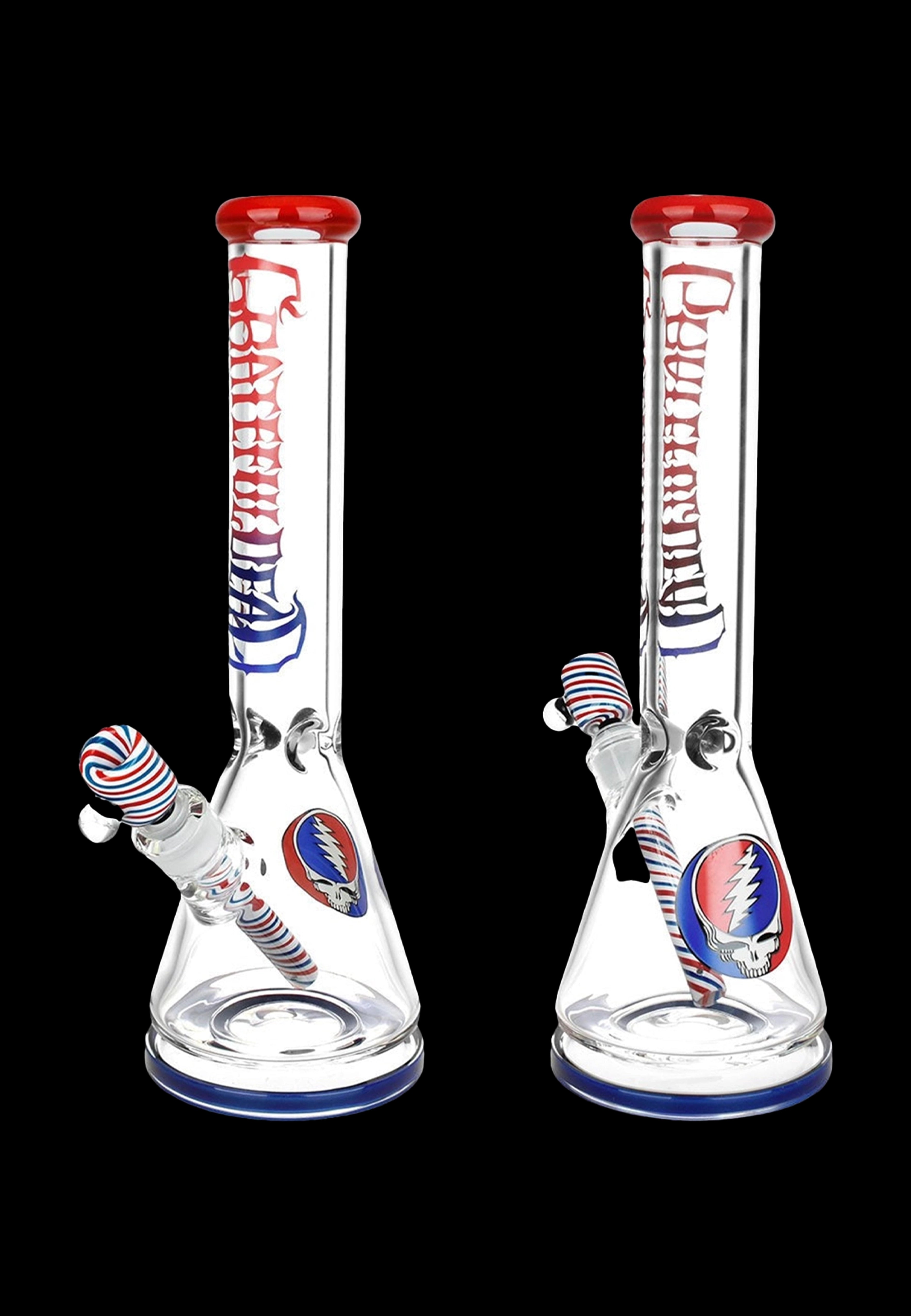 Grateful Dead-themed glass water pipe (bong) with a flared base, featuring the iconic Steal Your Face skull logo and red/white striped mouthpiece.