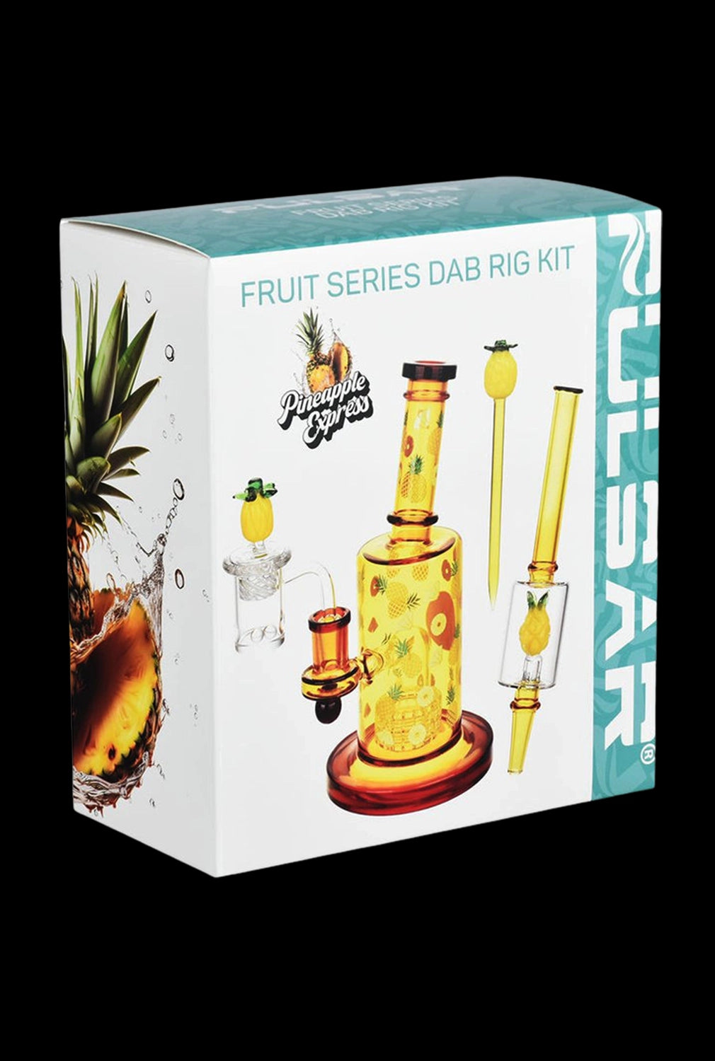 Three-quarter view of the boxed Pulsar Fruit Series Pineapple Express Glow In The Dark Dab Rig Kit - 8" / 14mm F showing the yellow pineapple-themed rig and accessories pictured on the front.