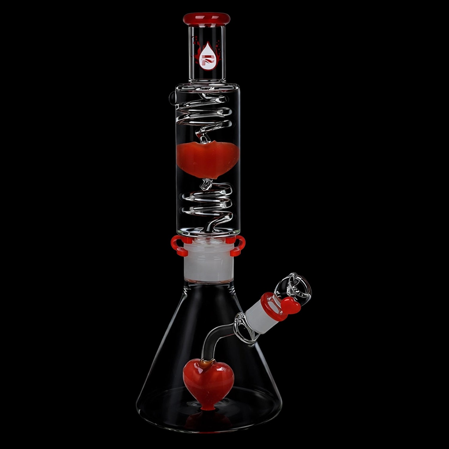 Studio-lit vertical view of the Pulsar Love Heart Beat Glycerin Beaker Glass Water Pipe - 14" / 19mm F showing a clear chamber with spiral percolator and red heart accents against a black background