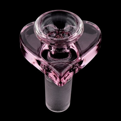 Close-up top view of the Pulsar Double Kiss Heart Glass Water Pipe - 11" / 14mm F showing its pink heart-shaped glass bowl against a black background