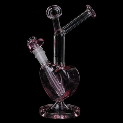 Angled close-up of the Pulsar Double Kiss Heart Glass Water Pipe - 11" / 14mm F showing its pink-tinted heart chamber and dual necks against a black background