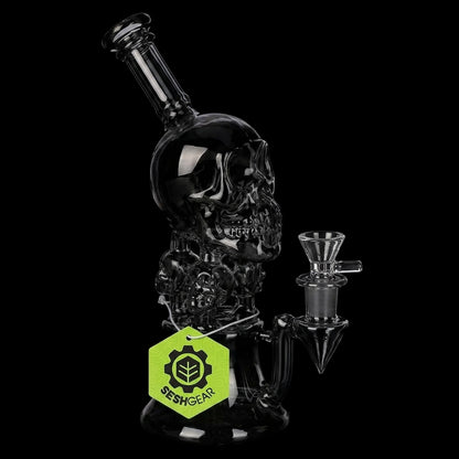 SeshGear Stacked Skulls Electroplated Glass Water Pipe - 9" / 14mm F / Smoke