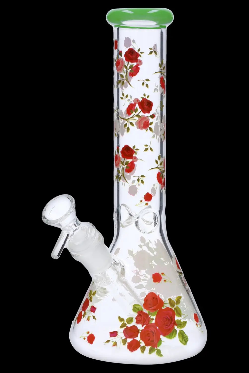 Glass bong decorated with red roses and green accents.