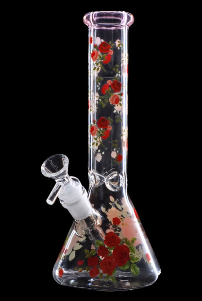 Front view of the 10" Flower Decal Beaker Bong, showcasing a clear glass beaker with a colorful floral design.