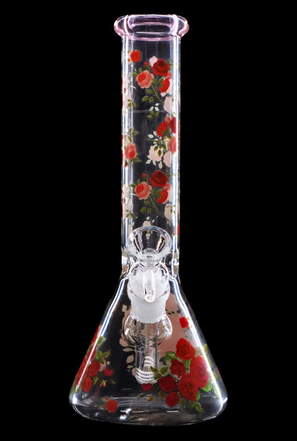 Front view of the 10" Flower Decal Beaker Bong, showcasing a clear glass beaker with a colorful floral decal design.