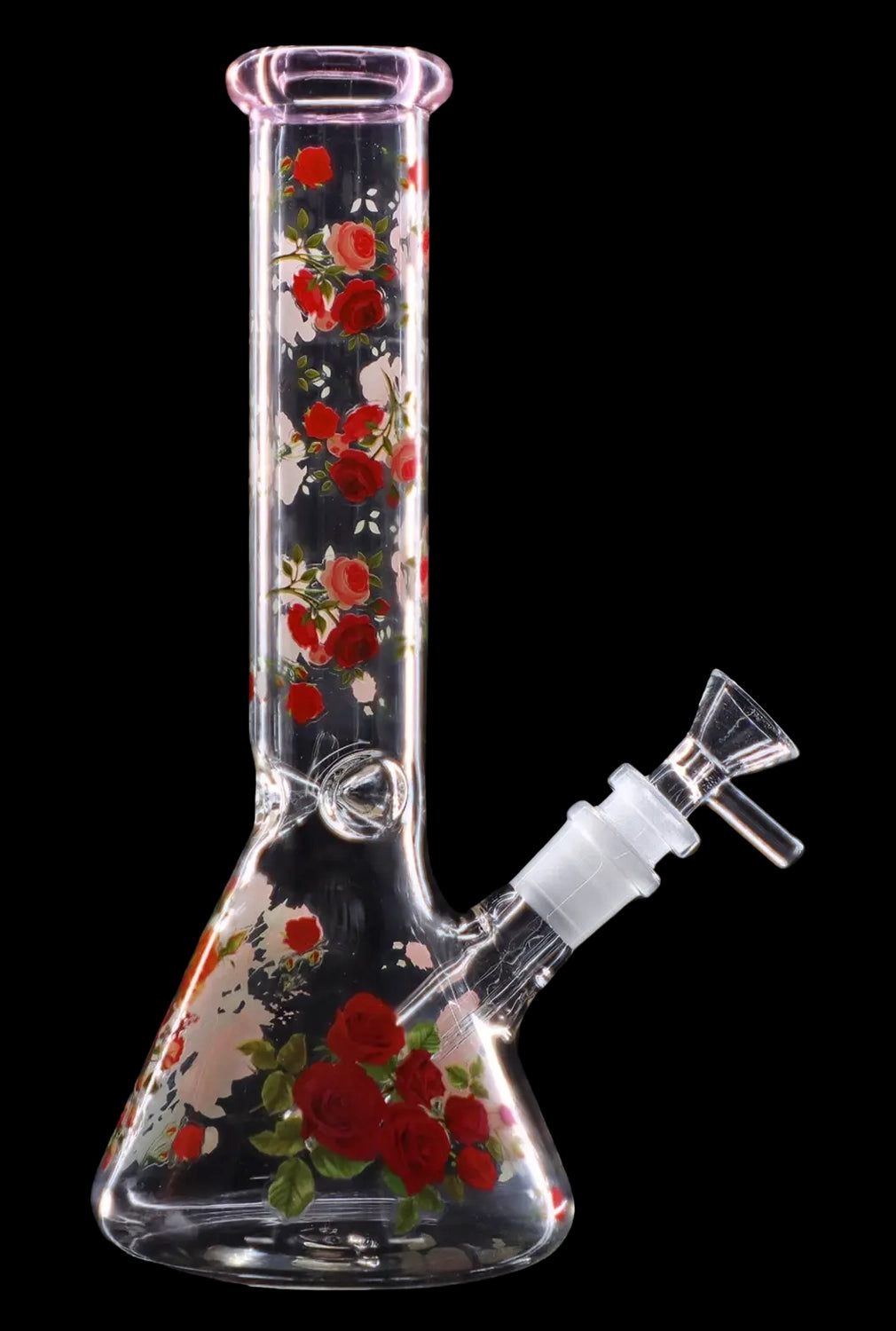 A front view of the 10" Flower Decal Beaker Bong, showcasing a floral decal on clear glass.