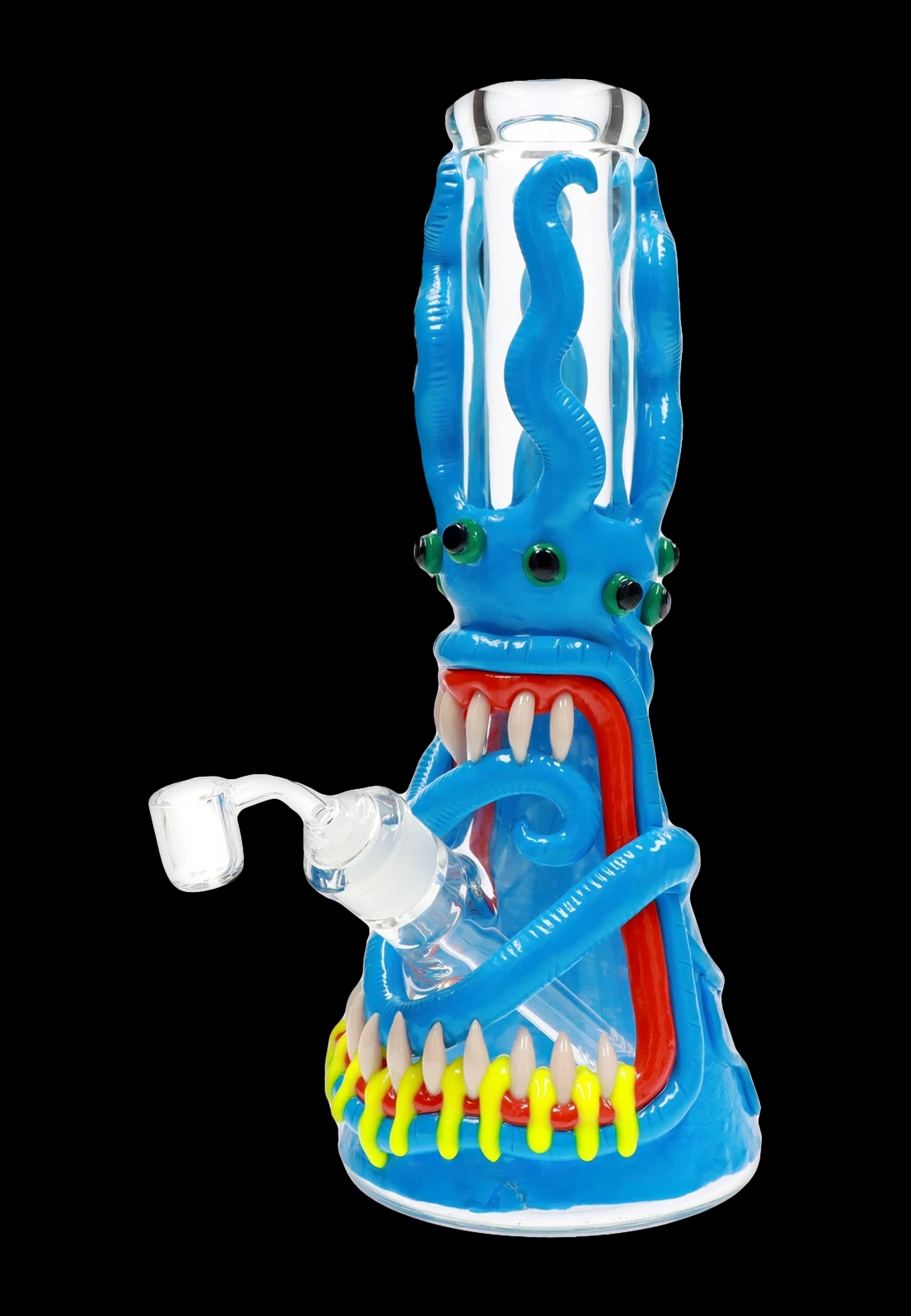 Blue glass water pipe shaped like a monster with sharp teeth and glowing eyes.