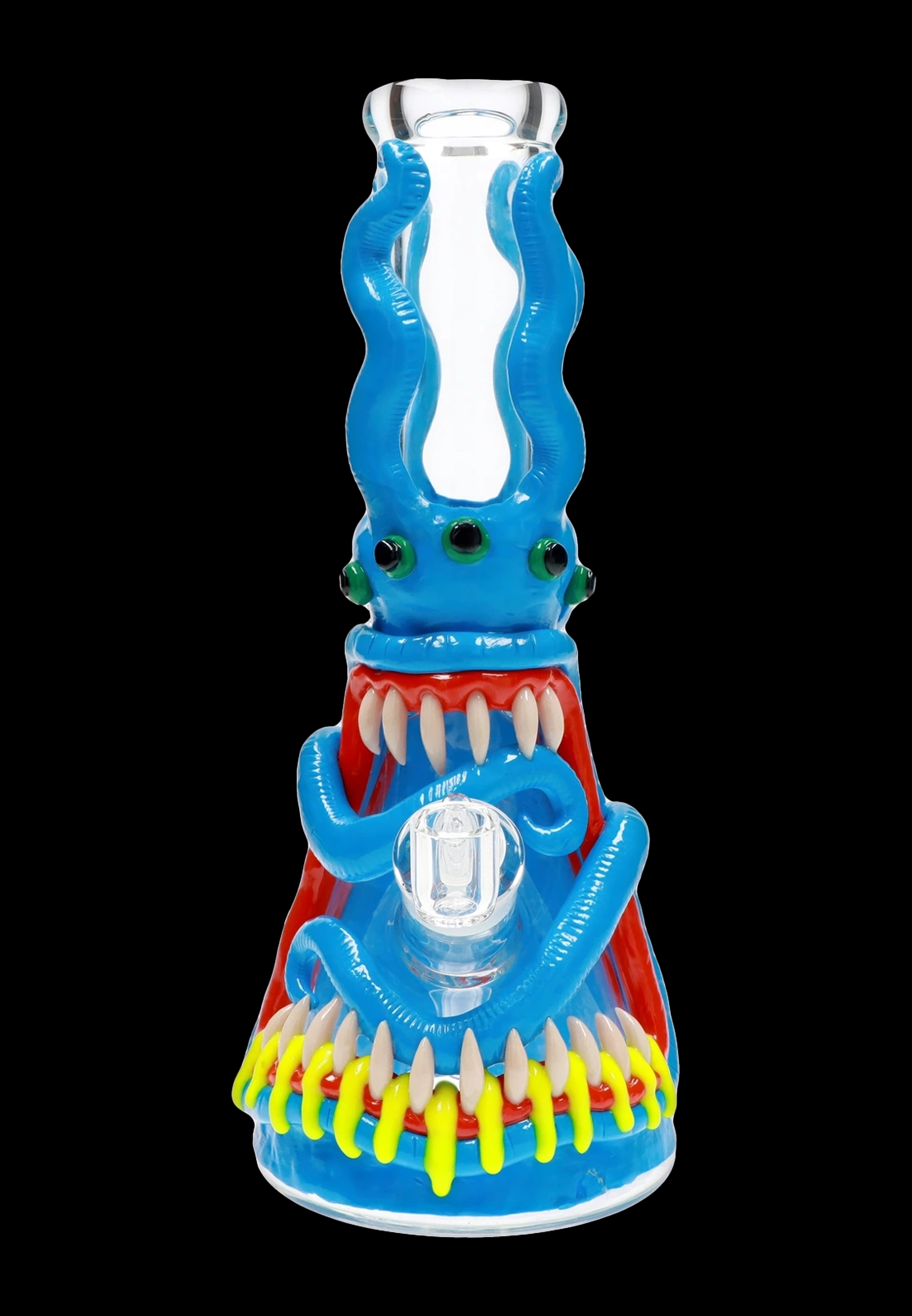 Blue glass octopus-shaped water pipe with red and yellow details.