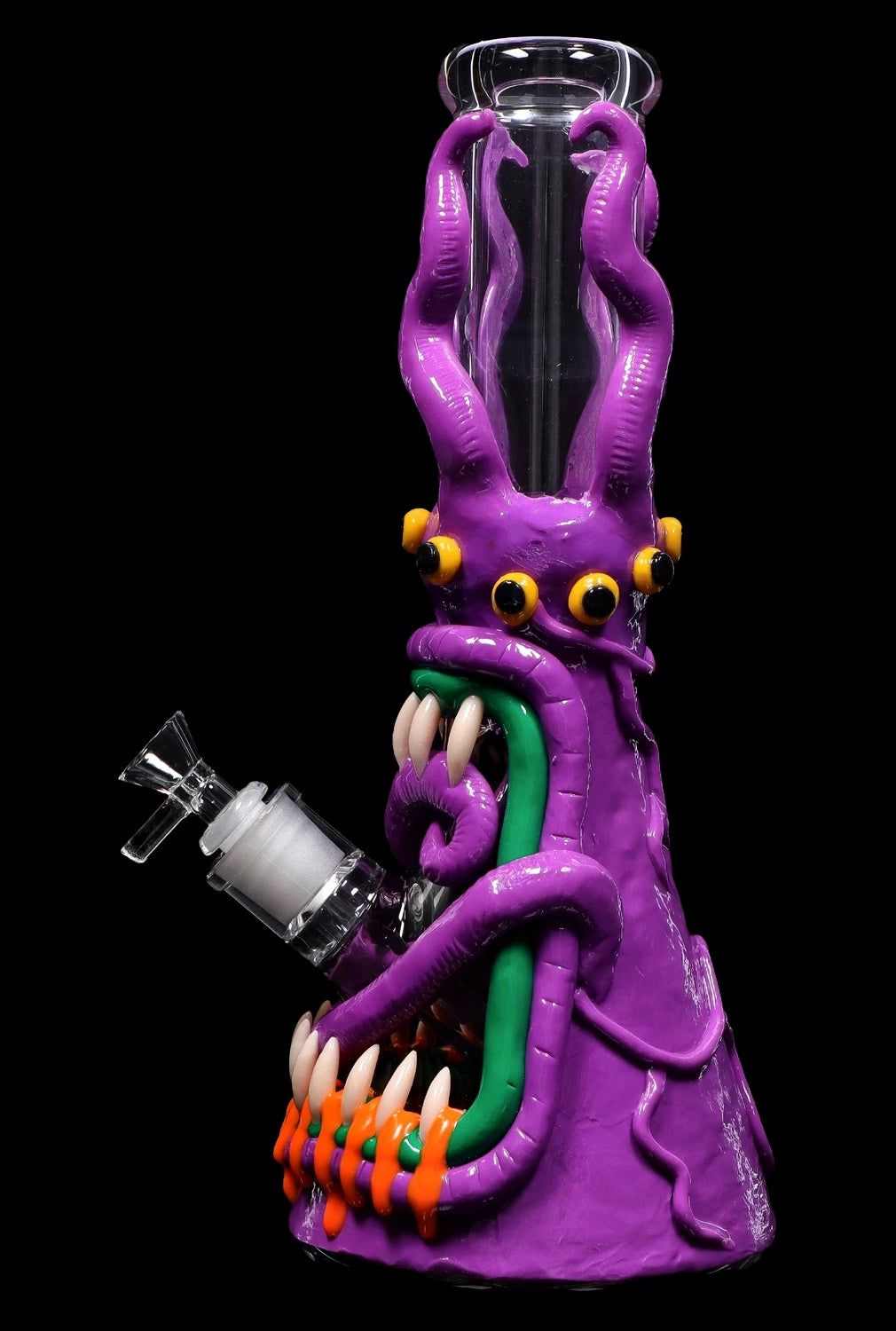 Purple glass bong shaped like a cartoonish octopus with orange claws and a green mouthpiece.