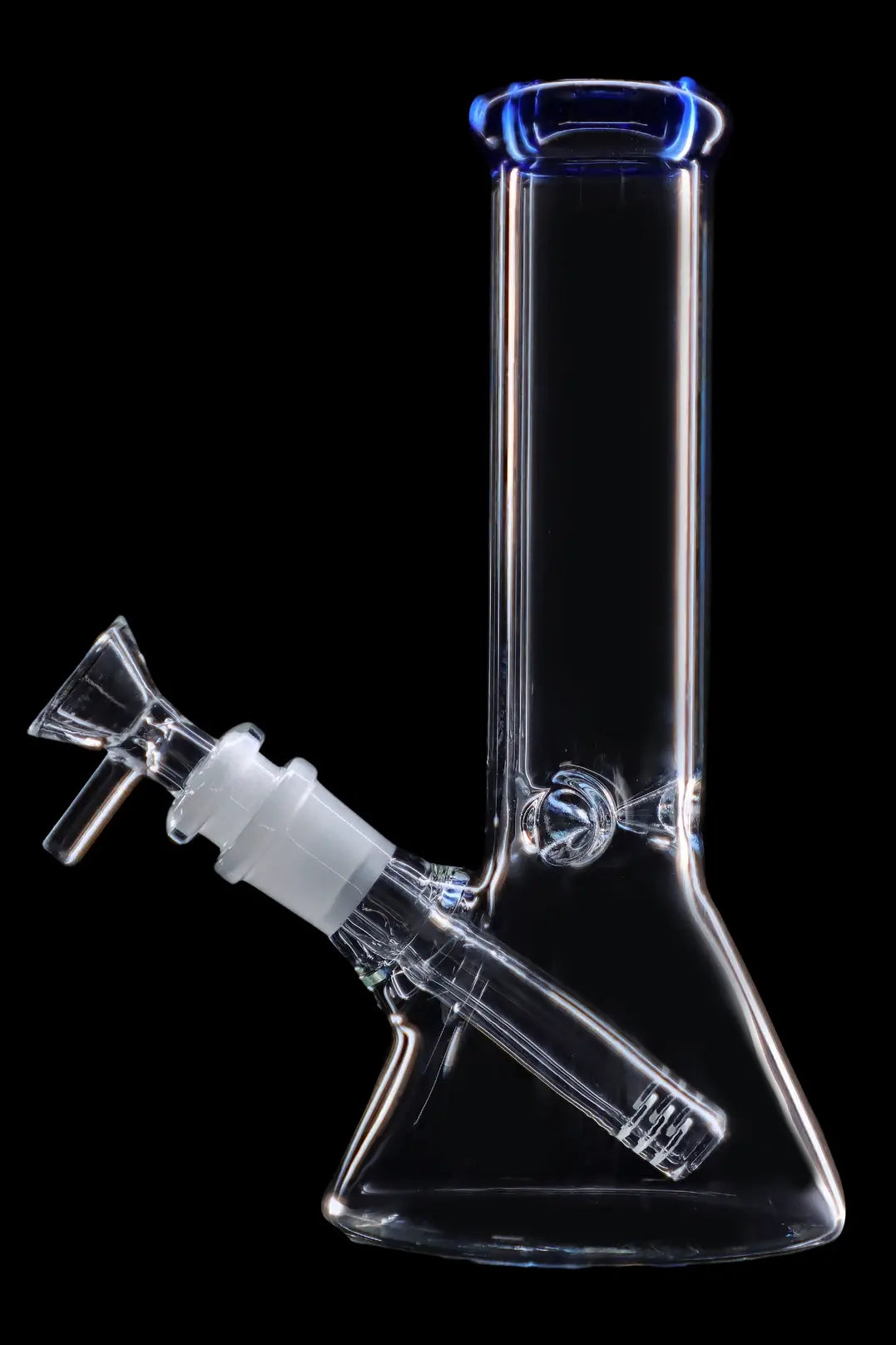 Clear glass bong with blue accents against a black background.