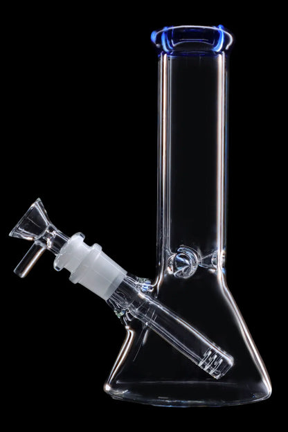 Clear glass bong with blue accents against a black background.