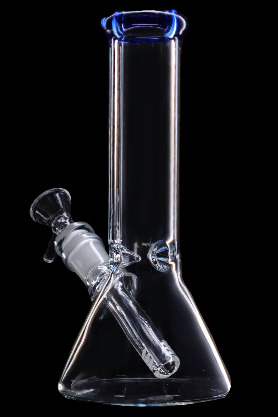 Clear glass bong with blue accents isolated on a black background.