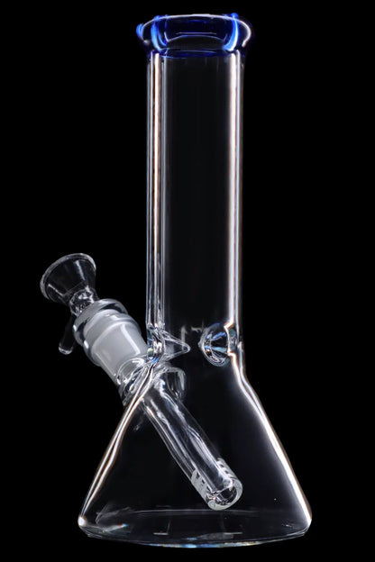 Clear glass bong with blue accents isolated on a black background.