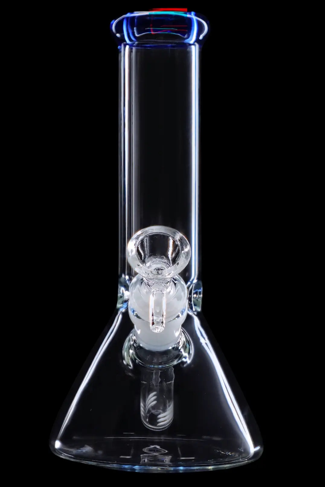 Clear glass bong with blue accents, isolated on a black background.