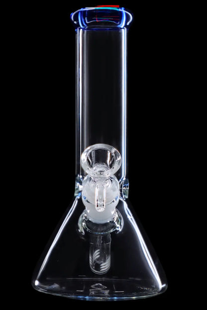 Clear glass bong with blue accents, isolated on a black background.