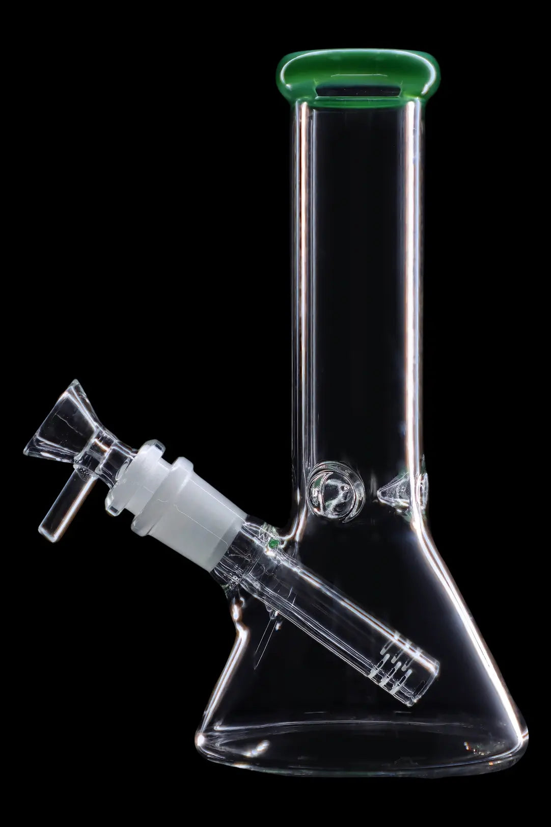 Clear glass bong with a flared base and green mouthpiece.