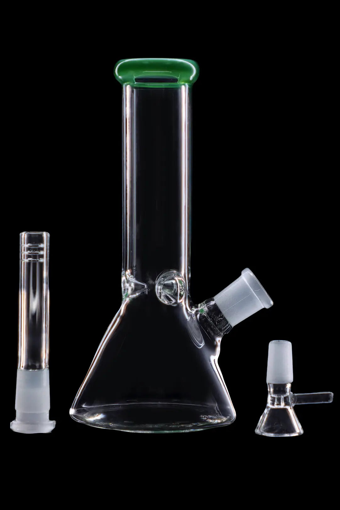 Glass bong with downstem and bowl displayed on a black background.